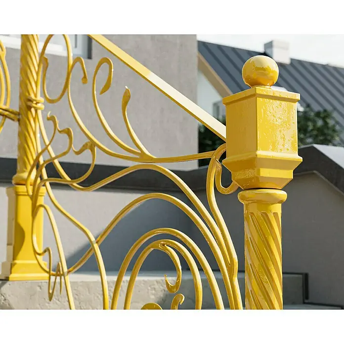 swingcolor Buntlack Kunstharz für Außen - Rapsgelb, Hochglänzend, 125 ml, Lösemittelbasiert - Gelbes, verschnörkeltes Geländer, das sich durch sein ungewöhnliches Design auszeichnet. Ideal, um Treppen stilvoll abzusichern und optisch aufzuwerten.