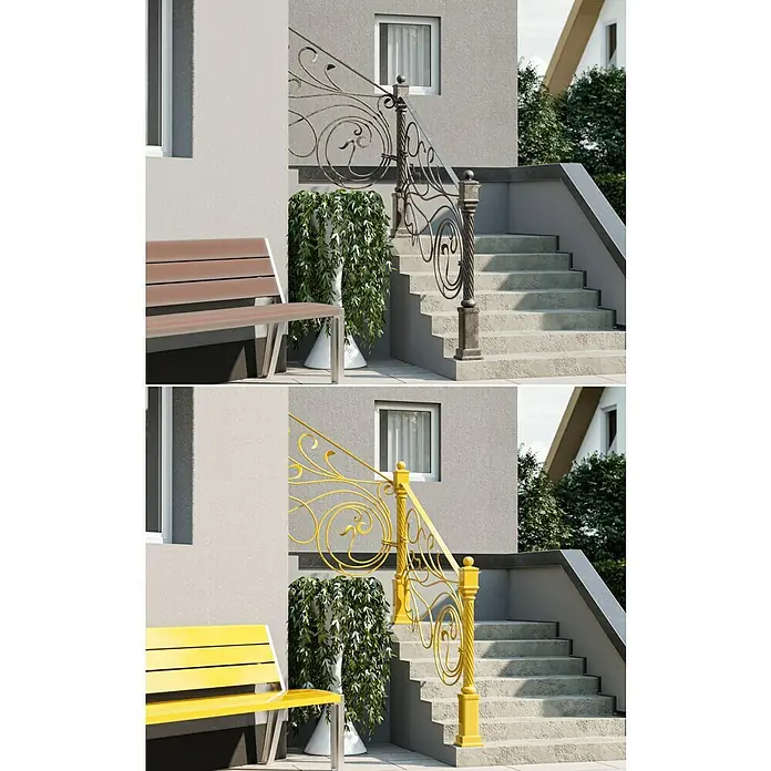 swingcolor Buntlack Kunstharz für Außen - Rapsgelb, Hochglänzend, 125 ml, Lösemittelbasiert - Bild einer Hausfassade mit einer gelben Bank und einem gelben Geländer.