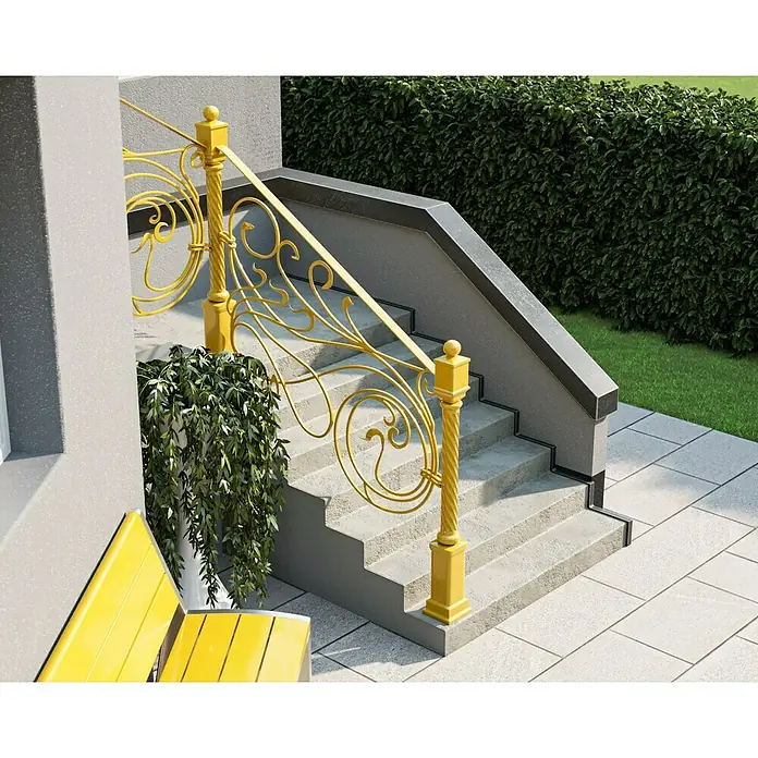 swingcolor Buntlack Kunstharz für Außen - Rapsgelb, Hochglänzend, 125 ml, Lösemittelbasiert - Elegante goldene Treppengeländer mit kunstvollen Verzierungen. Die perfekte Ergänzung für jeden stilvollen Außenbereich mit Treppenaufgang.