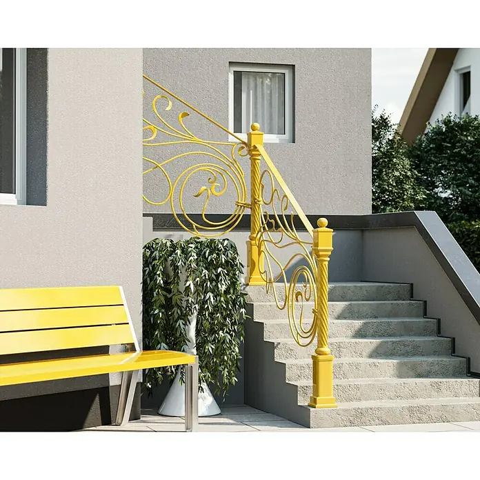 swingcolor Buntlack Kunstharz für Außen - Rapsgelb, Hochglänzend, 125 ml, Lösemittelbasiert - Detailaufnahme einer goldenen Treppengeländer-Konstruktion, die eine Steintreppe ziert und einen Hauch von Eleganz vermittelt.