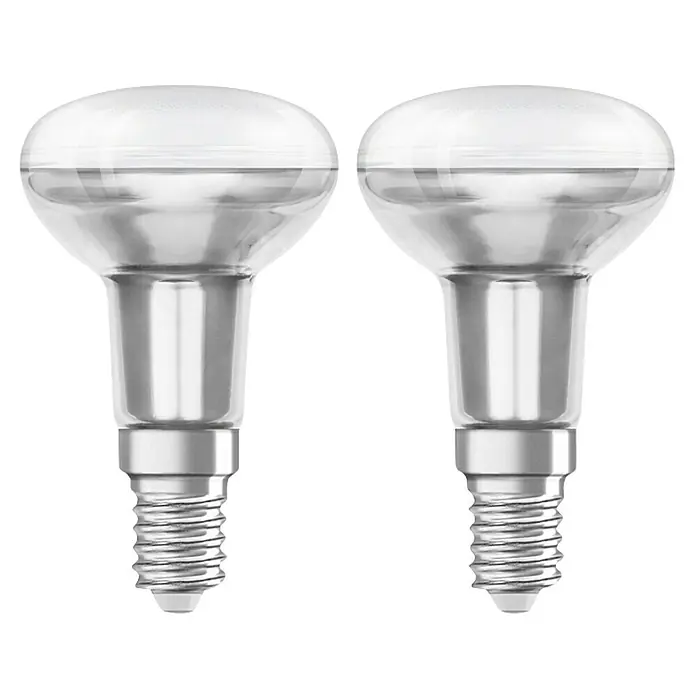 Osram Star LED-Lampen Set - E14, Nicht Dimmbar, Warmweiß, 110 lm, 1,5 W, 2 Stk. - Zwei silberne Reflektorlampen auf schwarzem Hintergrund.