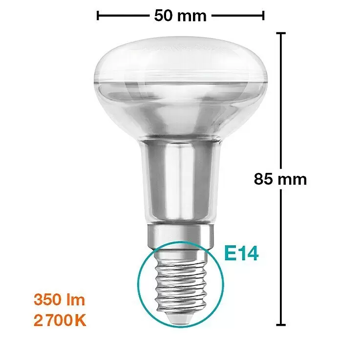 Osram Star Bombilla LED R50 - E14, No regulable, Blanco cálido, 345 lm, 4,3 W - Bombilla LED reflectora R50 plateada con casquillo E14, 50x85mm, 350lm, 2700K blanco cálido.