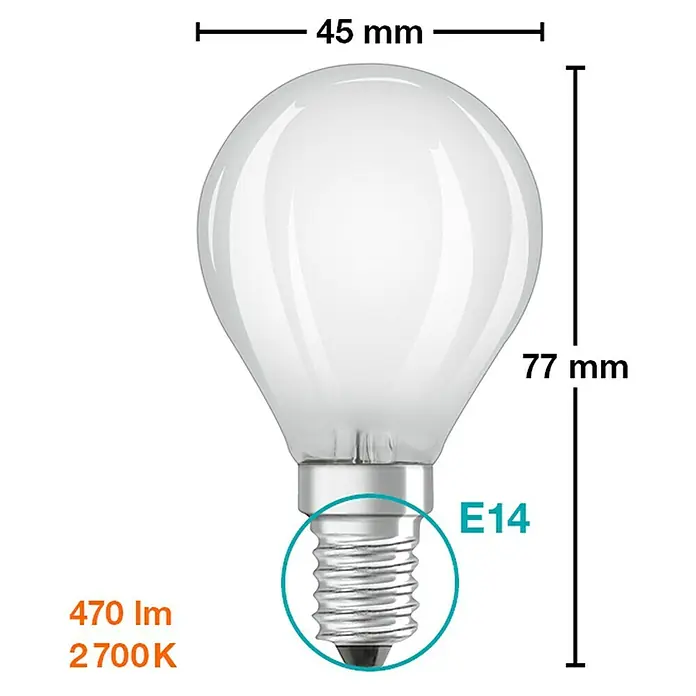 Osram Star Set de bombillas LED Classic P 40 - E14, No regulable, Blanco cálido, 470 lm, 4 W, 3 ud. - Imagen de una bombilla E14, dimensiones: 45 mm de ancho, 77 mm de alto, con una salida de 470 lm a 2700 K de temperatura de color.