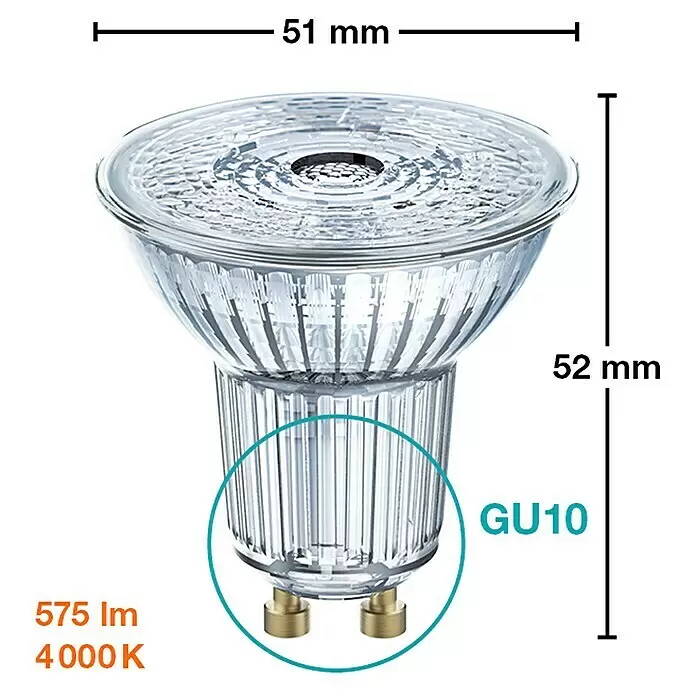 Osram Star Bombilla LED - GU10, No regulable, Blanco frío, 575 lm, 6,9 W - Foco LED GU10 de cristal transparente con dos pines metálicos, 575 lm, 4000K.