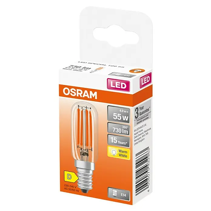 Osram Bombilla LED Special T26 - E14, No regulable, Blanco cálido, 730 lm, 6,5 W - Imagen de una lámpara especial LED T26 de Osram con 730 lm, 4,9 W, luz blanca cálida y base E14.