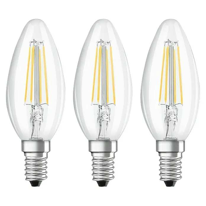Osram Star LED-Lampen Set Kerzenform E14 matt - E14, Nicht Dimmbar, Kaltweiß, 470 lm, 4 W, 3 Stk. - Drei LED-Filament-Glühbirnen mit E14-Sockel in klarem Glas, die ein warmes, einladendes Licht ausstrahlen. Ideal für dekorative Beleuchtung.