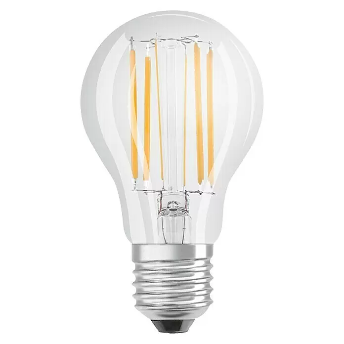 Osram Star LED-Lampe Glühlampenform E27 matt - E27, Nicht Dimmbar, Kaltweiß, 1.055 lm, 7,5 W - Klare LED-Glühbirne mit sichtbaren gelben Filamenten und silbernem Schraubsockel.