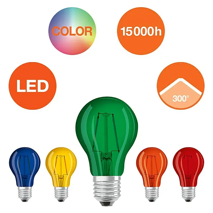 Osram Star LED-Lampe - E27, Nicht Dimmbar, Mehrfarbig, 10 lm, 5 Stk. - Farbenfrohe LED-Lampen in verschiedenen Farben. Die Lampen haben eine Lebensdauer von 15000 Stunden und einen Abstrahlwinkel von 300°.