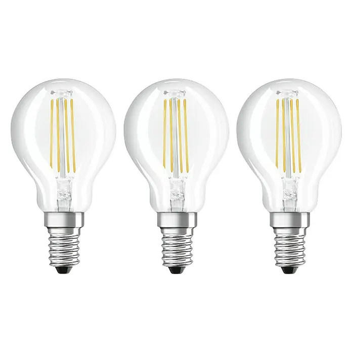 Osram Retrofit LED-Lampe Tropfenform E14 klar - E14, Nicht Dimmbar, Warmweiß, 470 lm, 4 W, 3 Stk. - Drei LED-Filamentlampen mit E14-Sockel, klar und energieeffizient für stimmungsvolle Beleuchtung.