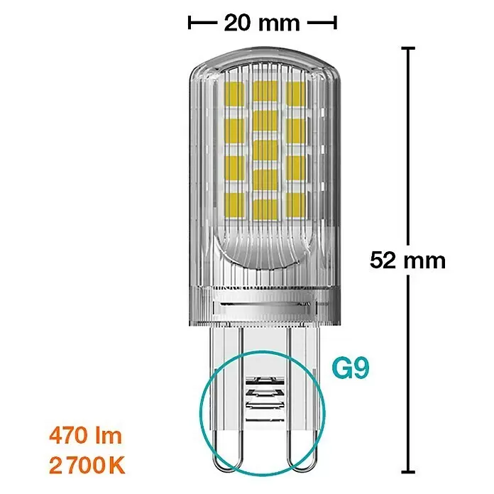 Osram Star Set de bombillas LED Pin G9 - G9, No regulable, Blanco cálido, 470 lm, 3,8 W, 2 ud. - Bombilla LED G9 transparente con chips amarillos, medidas 52x20mm, 470lm, 2700K.