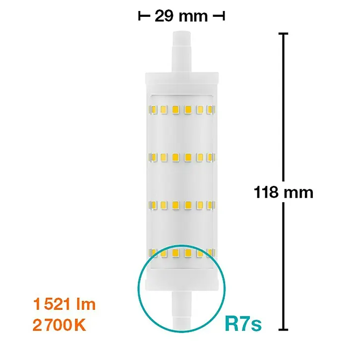 Osram Star Bombilla LED - R7s, No regulable, Blanco cálido, 1.521 lm, 12,5 W - Imagen del producto de una lámpara LED R7s con dimensiones de 118 mm de longitud y 29 mm de diámetro. 1521 lúmenes, 2700 Kelvin.