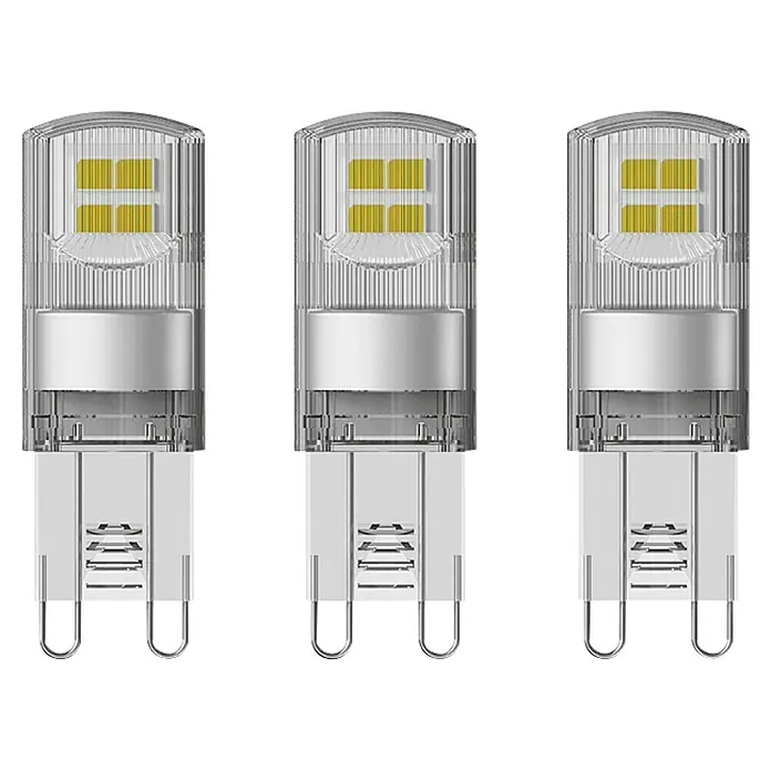 Osram Star LED-Lampen Set Pin G9 - G9, Nicht Dimmbar, Warmweiß, 200 lm, 1,9 W, 3 Stk. - Abbildung von drei G9 LED-Lampen. Diese energieeffizienten Leuchtmittel bieten eine hervorragende Helligkeit für moderne Beleuchtungslösungen.