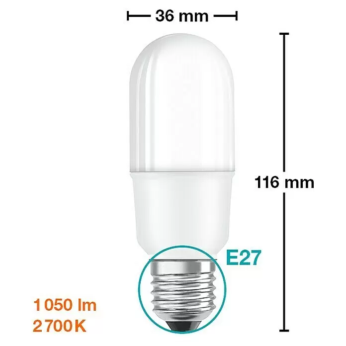 Osram Star Bombilla LED Stick - E27, No regulable, Blanco cálido, 1.055 lm, 10 W - Bombilla LED E27 blanca, 36x116mm, 1050lm, 2700K.