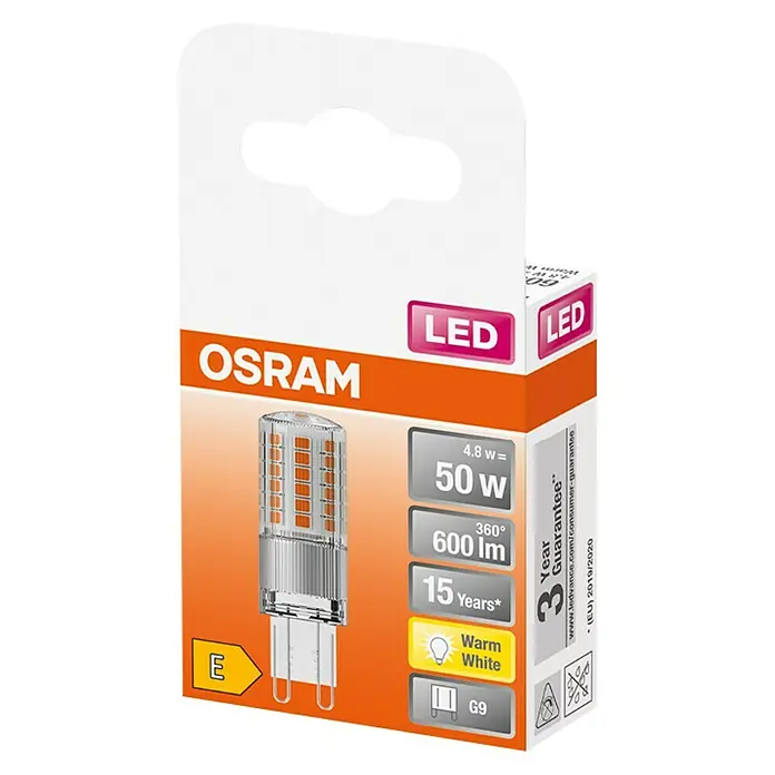 Osram Bombilla LED - G9, No regulable, Blanco cálido, 600 lm, 4,8 W - La imagen muestra una bombilla LED OSRAM con base G9, que emite luz blanca cálida y cuenta con una garantía de 3 años.
