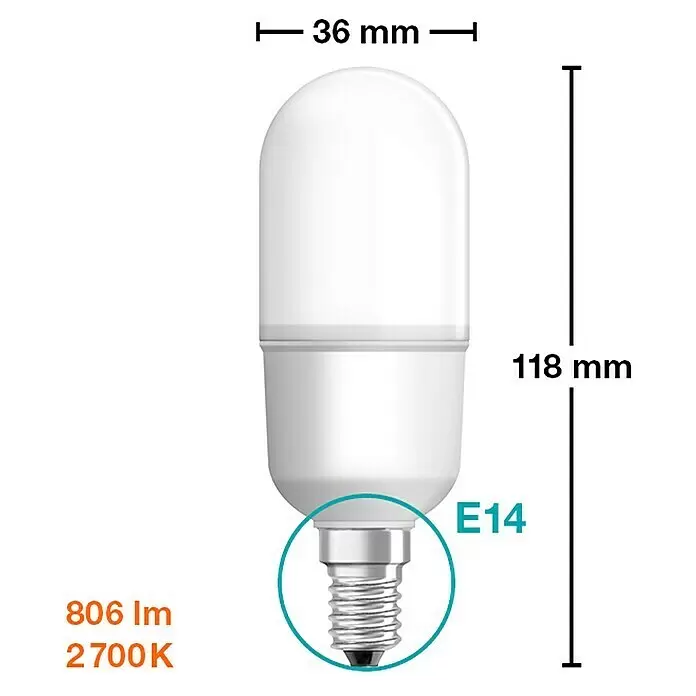 Osram Star Bombilla LED Stick - E14, No regulable, Blanco cálido, 806 lm, 8 W - Bombilla LED E14 blanca, 36x118mm, 806 lm, 2700K.