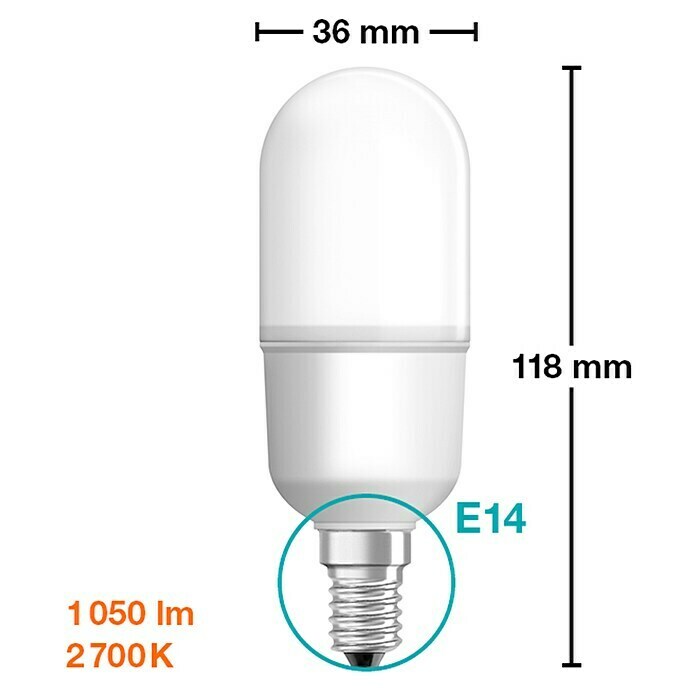 Osram Star Bombilla LED Stick (E14, No regulable, Blanco cálido, 1.050 lm, 10 W) | BAUHAUS