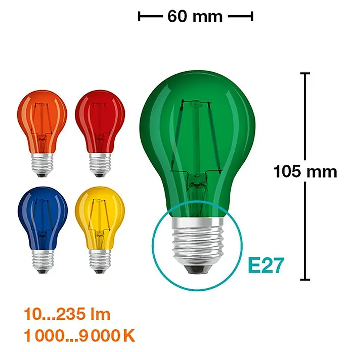 Osram Star LED-Lampe - E27, Nicht Dimmbar, Mehrfarbig, 10 lm, 5 Stk. - Farbfrohe E27 LED-Glühbirnen in Orange, Rot, Grün, Blau und Gelb. Maße: 60 mm breit und 105 mm hoch, ideal für stimmungsvolle Beleuchtung.