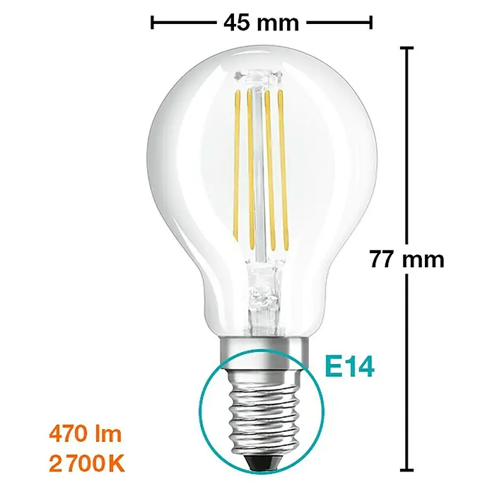 Osram Retrofit Bombilla LED Classic P 40 - E14, No regulable, Blanco cálido, 470 lm, 4 W, 3 ud. - Imagen del producto de una bombilla LED de filamento E14 con dimensiones de 45 mm de diámetro y 77 mm de altura, especificando 470 lúmenes y temperatura de color de 2700K.