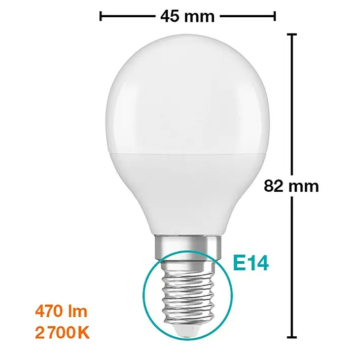 Osram Star Bombilla LED Classic P 40 - E14, No regulable, Blanco cálido, 470 lm, 5,5 W - Imagen de una bombilla LED E14 con dimensiones de 45 mm de ancho y 82 mm de largo, más especificaciones de 470 lúmenes y 2700 Kelvin.