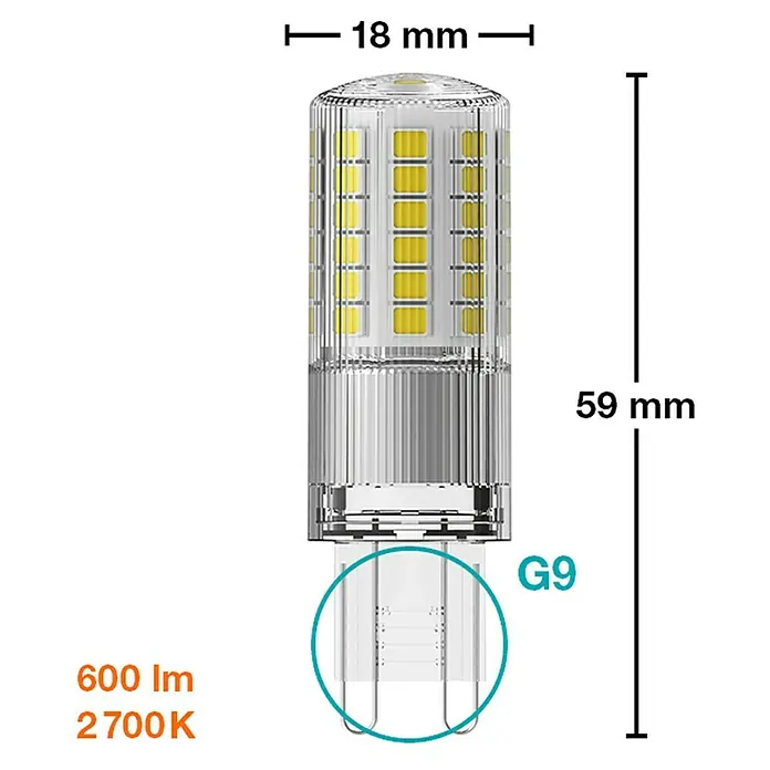 Osram Bombilla LED - G9, No regulable, Blanco cálido, 600 lm, 4,8 W - Imagen de una lámpara LED G9 con dimensiones, proporcionando una visión clara de las dimensiones del producto y especificaciones técnicas.