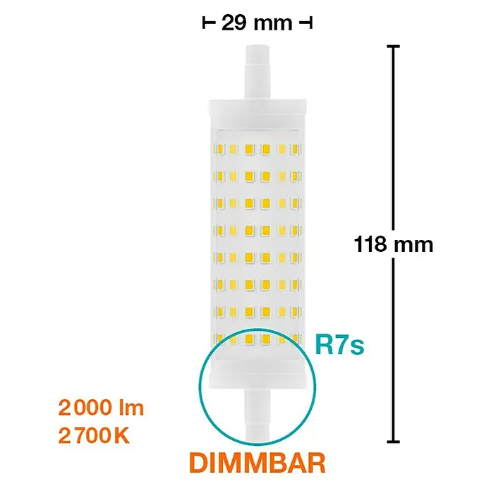 Osram Superstar Bombilla LED - R7s, Intensidad regulable, Blanco cálido, 2.000 lm, 15 W - Imagen del producto de una bombilla LED R7s regulable con dimensiones de 29 mm de diámetro y 118 mm de longitud, 2000 lm, 2700K.