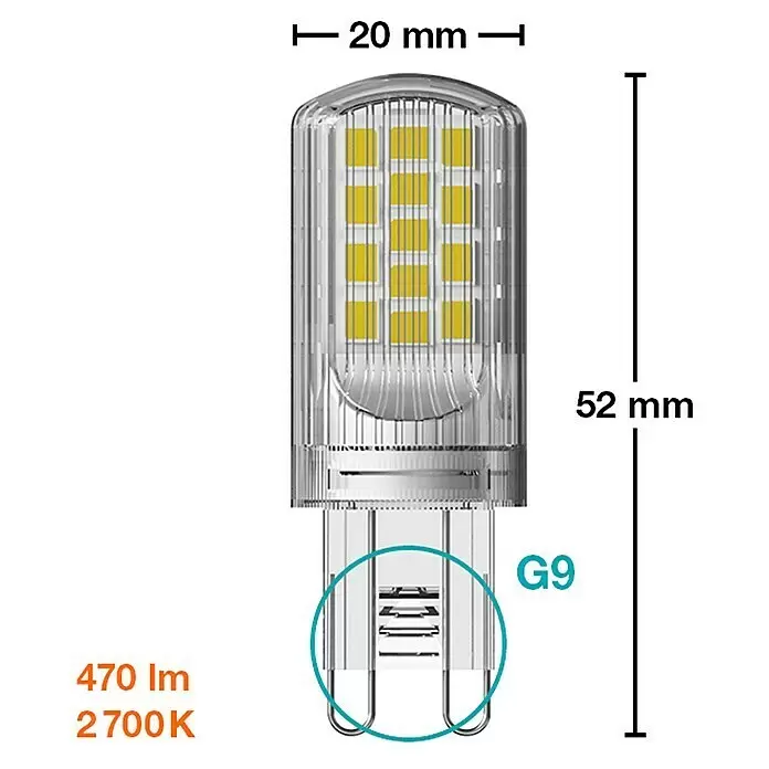 Osram Star Bombilla LED - G9, No regulable, Blanco cálido, 470 lm, 3,8 W - Bombilla LED G9 transparente con chips amarillos, 20x52mm, 470lm, 2700K.
