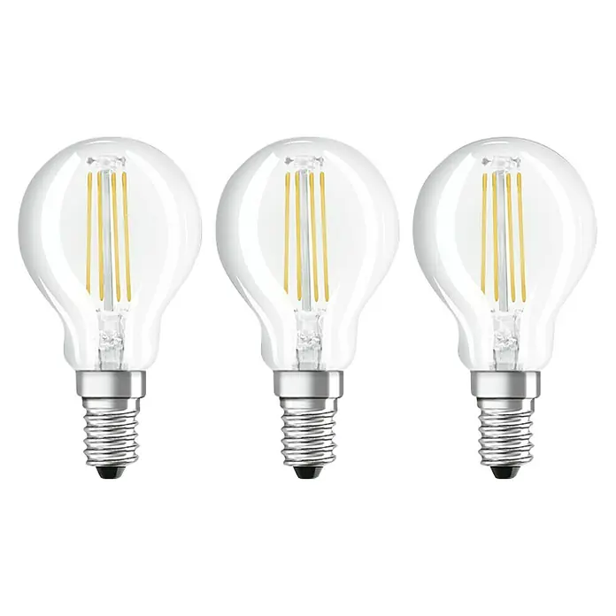 Osram Star LED-Lampen Set Tropfenform E14 klar - E14, Nicht Dimmbar, Kaltweiß, 470 lm, 4 W, 3 Stk. - Abbildung von drei LED-Filamentlampen mit E14-Sockel auf schwarzem Hintergrund. Sie bieten eine effiziente Beleuchtung.