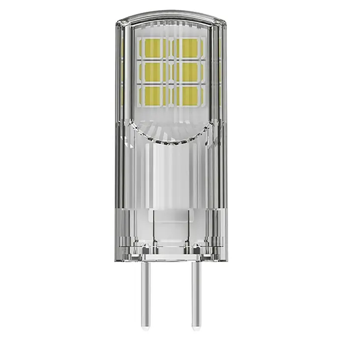 Osram Star LED-Lampe Pin 30 - GY6,35, Nicht Dimmbar, Warmweiß, 300 lm, 2,6 W - Nahaufnahme einer klaren G4-LED-Lampe mit mehreren gelben LED-Chips. Ideal für eine helle, energieeffiziente Beleuchtungslösung.