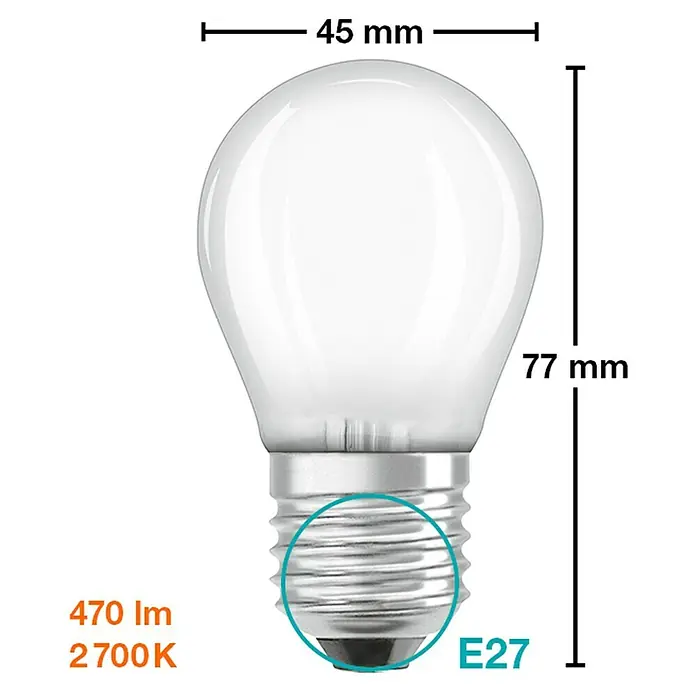 Osram Retrofit Bombilla LED Classic P - E27, No regulable, Blanco cálido, 470 lm, 4 W - Bombilla con base E27, 45 mm de diámetro y 77 mm de altura. Tiene una intensidad luminosa de 470 lm y una temperatura de color de 2700 K.
