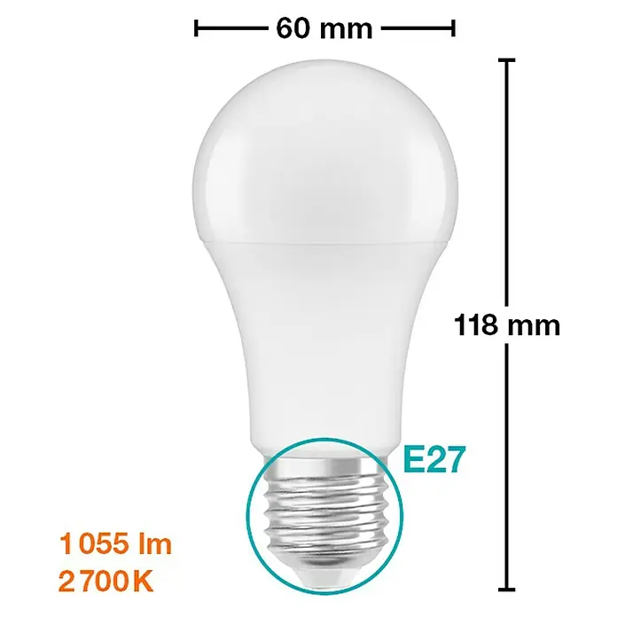 Osram Star Bombilla LED Classic A 75 - E27, No regulable, Blanco cálido, 1.055 lm, 10 W - Imagen de una bombilla LED E27 con dimensiones de 60 mm de diámetro y 118 mm de longitud, junto con especificaciones de 1055 lm y 2700 K.