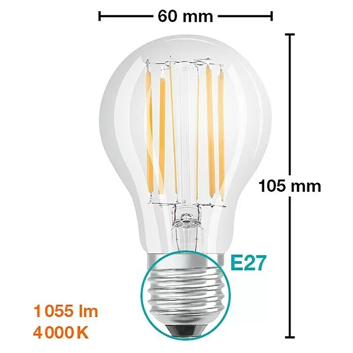 Osram Star LED-Lampe Glühlampenform E27 matt - E27, Nicht Dimmbar, Kaltweiß, 1.055 lm, 7,5 W - Klare E27 LED-Filament-Glühbirne, 60x105mm, 1055lm, 4000K.