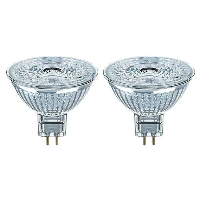 Osram LED-Lampen-Set Pin G4 MR16 - GU5,3, Nicht Dimmbar, Warmweiß, 350 lm, 4,6 W, 2 Stk. - Zwei MR16-Halogenlampen, ideal für Akzentbeleuchtung. Die Lampen sind energieeffizient und haben eine lange Lebensdauer.