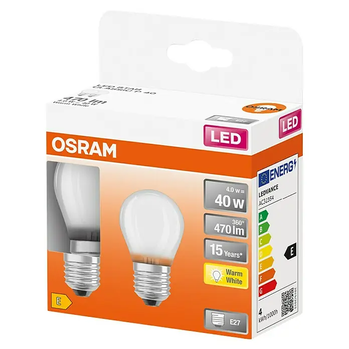 Osram Retrofit Bombilla LED Classic P - E27, No regulable, Blanco cálido, 470 lm, 4 W - Lámpara LED Osram en su embalaje. Bombilla de 40W de color blanco cálido con base E27, con clase energética E.