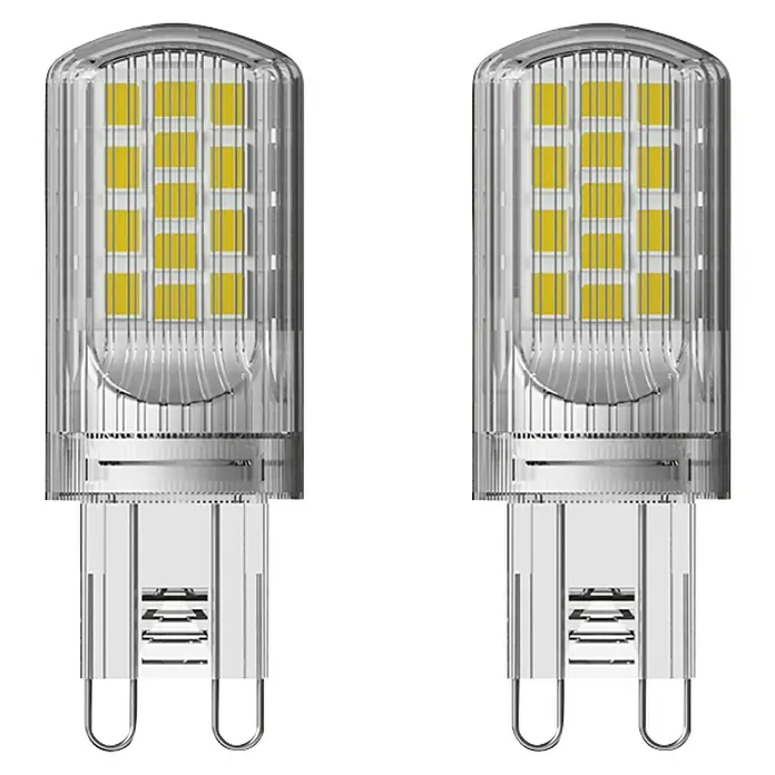 Osram Star LED-Lampen Set Pin G9 - G9, Nicht Dimmbar, Warmweiß, 470 lm, 3,8 W, 2 Stk. - Zwei G9 LED-Lampen mit klarem Gehäuse und gelben LEDs, ideal für energieeffiziente Beleuchtungslösungen.