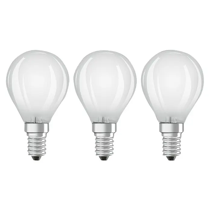 Osram Star LED-Lampen Set Tropfenform E14 matt - E14, Nicht Dimmbar, Warmweiß, 470 lm, 4 W, 3 Stk. - Nahaufnahme von drei matten LED-Glühbirnen mit E14-Sockel, die für eine sanfte und energieeffiziente Beleuchtung sorgen.