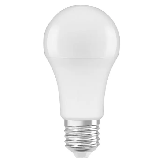 Osram Star Bombilla LED Classic A 75 - E27, No regulable, Blanco cálido, 1.055 lm, 10 W - Primer plano de una bombilla LED blanca con base de rosca. La bombilla es de bajo consumo y tiene un color de luz agradable.