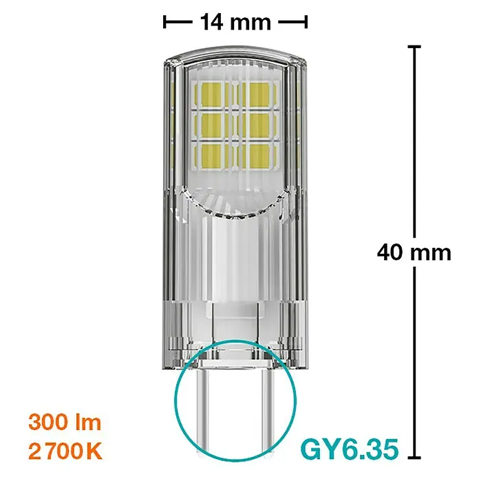 Osram Star LED-Lampe Pin 30 - GY6,35, Nicht Dimmbar, Warmweiß, 300 lm, 2,6 W - Eine Nahaufnahme einer GY6.35 LED-Lampe mit den Maßen 14 mm Breite und 40 mm Länge, leuchtend mit 300 lm bei 2700K.