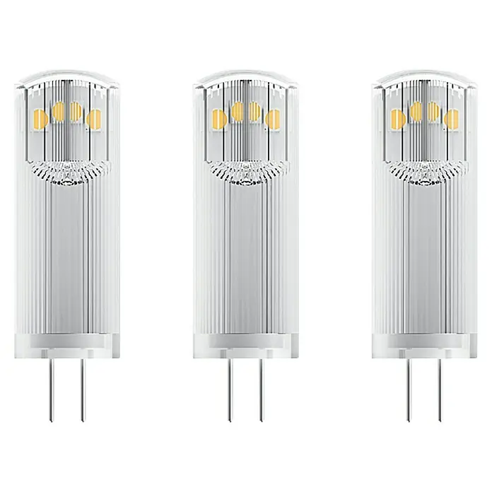 Osram LED-Lampen Set Pin G4 MR16 - G4, Nicht Dimmbar, Warmweiß, 200 lm, 1,8 W, 3 Stk. - Drei G4 LED-Lampen in Nahaufnahme, ideal für stilvolle und energieeffiziente Beleuchtung im Innenbereich.