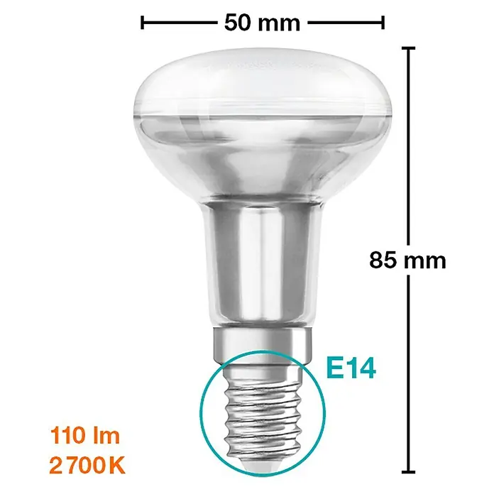 Osram Star LED-Lampen Set - E14, Nicht Dimmbar, Warmweiß, 110 lm, 1,5 W, 2 Stk. - Darstellung einer klaren R50 E14 Reflektorlampe mit Maßangaben (50 mm, 85 mm) und technischen Daten (110 lm, 2700 K) für Beleuchtungszwecke.