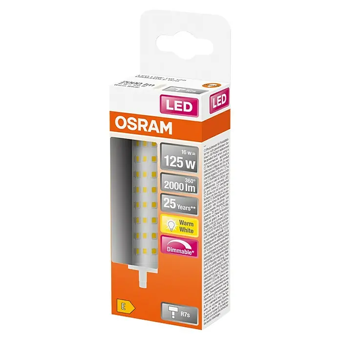 Osram Superstar Bombilla LED - R7s, Intensidad regulable, Blanco cálido, 2.000 lm, 15 W - Embalaje del producto de una lámpara LED OSRAM regulable con casquillo R7s, 16W de potencia y luz blanca cálida.