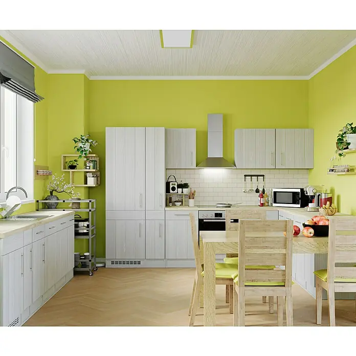 SCHÖNER WOHNEN-Farbe Bad- & Küchenfarbe - Fresh, 2,5 l, Matt - Helle Küche mit weißen Schränken, Holzboden und einem Esstisch mit Stühlen. Die grüne Wandfarbe sorgt für eine frische Atmosphäre.