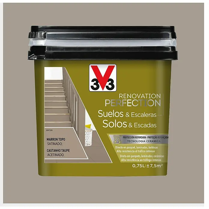 V33 Esmalte de color Renovation Perfection suelos de cerámica - Marrón topo, Satinado, 750 ml - Imagen de un cubo de pintura V33 Renovation Perfection para suelos y escaleras en Marron Topo, ideal para tecnología cerámica.