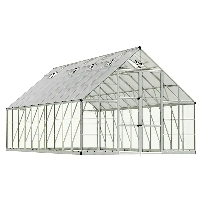 Palram – Canopia Invernadero Balance - Medidas ext. (An x Pr): 304 x 604 cm, 0,7 mm, Plateado - Un gran invernadero con muchas ventanas y un tejado a dos aguas para cultivar plantas.