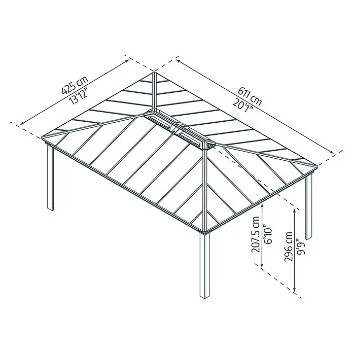 Palram – Canopia Standard-Pavillon Dallas - B x T: 425 x 611 cm, Material Gestell: Aluminium, Anthrazit - Eine perspektivische Zeichnung eines Pavillons mit Größenangaben in cm und Zoll.