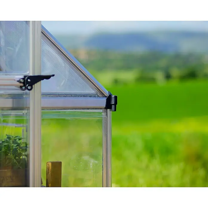 Palram – Canopia Invernadero Balance - Medidas ext. (An x Pr): 304 x 964 cm, 0,7 mm, Plateado - Primer plano de un invernadero con estructura metálica y paneles transparentes, rodeado de exuberante vegetación.