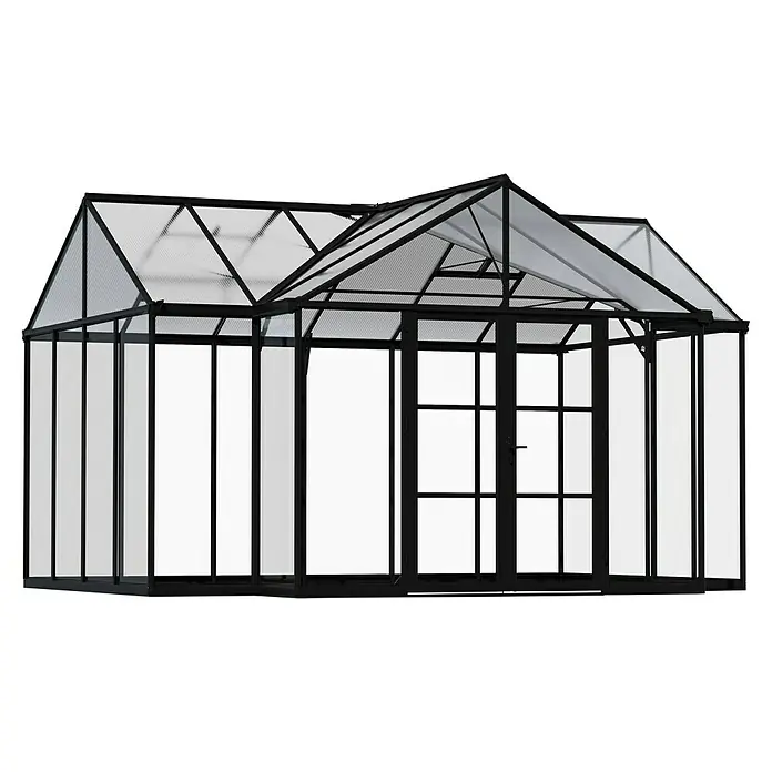 Palram – Canopia Invernadero Triomph Orangery - Medidas ext. (An x Pr): 454 x 380 cm, Material de la pared lateral: Plástico, 2 mm, Antracita - Esta imagen muestra un invernadero con marcos negros y paneles transparentes. El invernadero tiene un techo puntiagudo y una puerta en el centro.