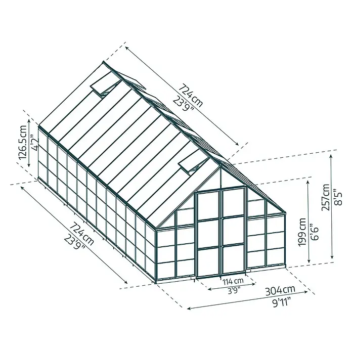 Palram – Canopia Invernadero Balance - Medidas ext. (An x Pr): 304 x 724 cm, 0,7 mm, Plateado - Un dibujo esquemático detallado de un invernadero con medidas en centímetros y pies.