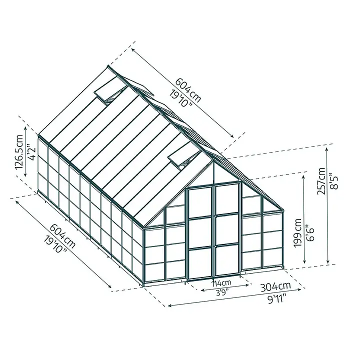 Palram – Canopia Invernadero Balance - Medidas ext. (An x Pr): 304 x 604 cm, 0,7 mm, Plateado - Vista detallada de un kit de invernadero con dimensiones de longitud, anchura y altura.