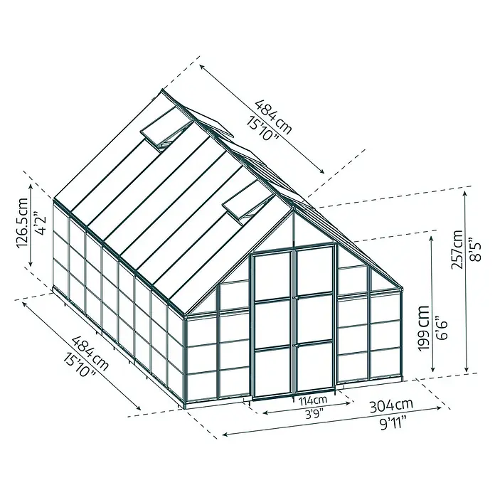 Palram – Canopia Invernadero Balance - Medidas ext. (An x Pr): 304 x 484 cm, 0,7 mm, Plateado - Las dimensiones del invernadero se especifican en centímetros y pies para una fácil planificación.
