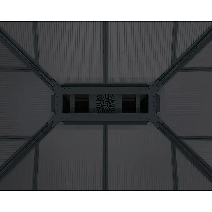 Palram – Canopia Standard-Pavillon Dallas - B x T: 425 x 611 cm, Material Gestell: Aluminium, Anthrazit - Dachstruktur eines Gewächshauses mit Metallrahmen und Belüftungselementen, die für Stabilität und Luftzirkulation sorgen.